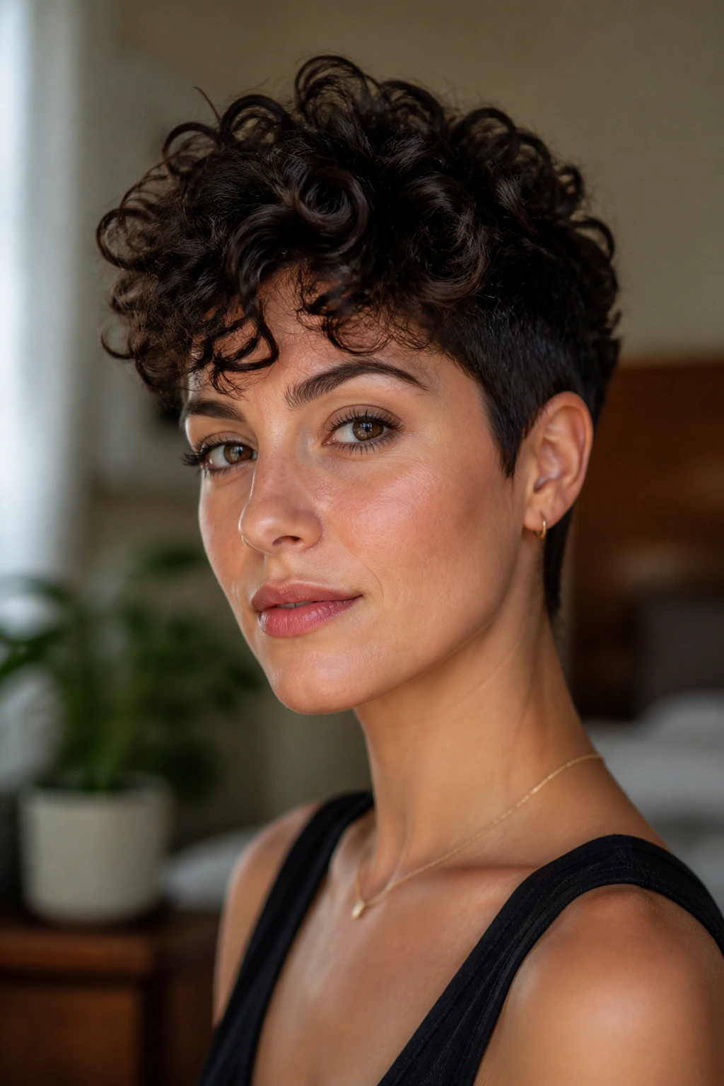 Close-up portrait of a real person with a sculpted pixie crop and lifted crown.