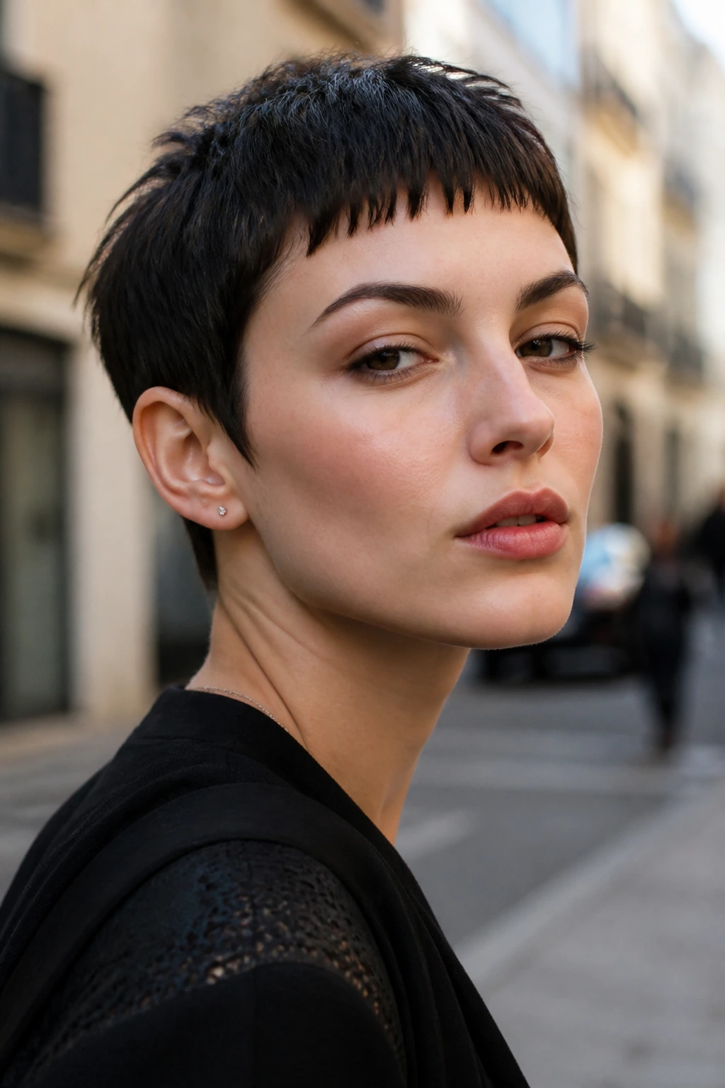 Close-up of a woman with pixie cropped fringe highlighting cheekbones on an urban street.