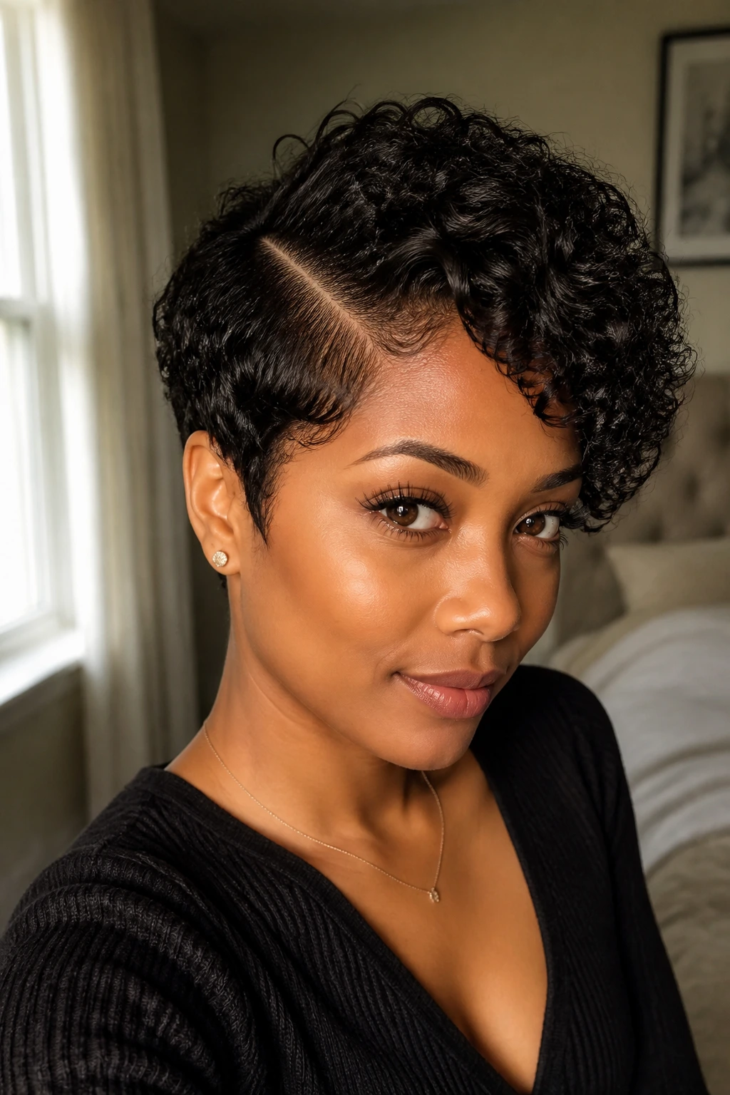 Close-up portrait of a woman with a deep side-parted pixie curl in natural window light.