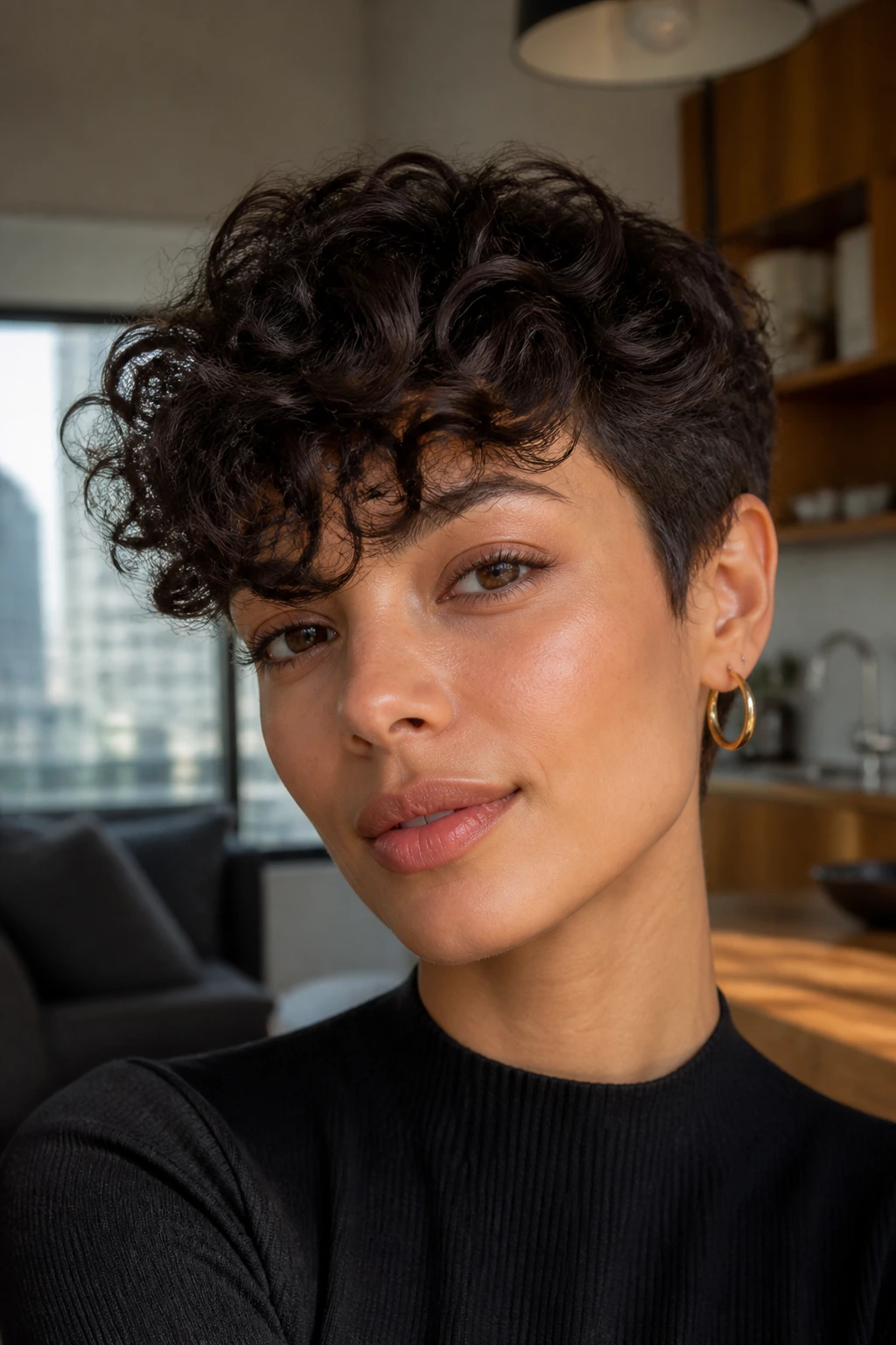 Close-up of a real person wearing a cropped pixie curly fringe