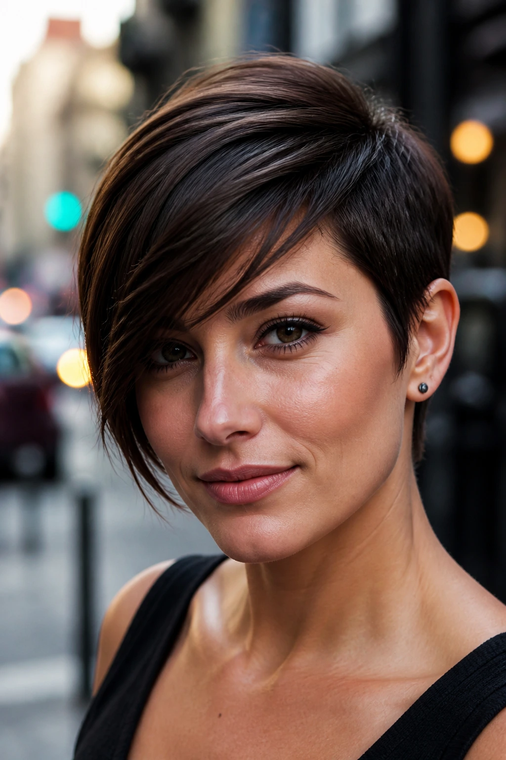 Portrait of a real woman with deep cocoa pixie and sweeping asymmetrical fringe against an urban backdrop