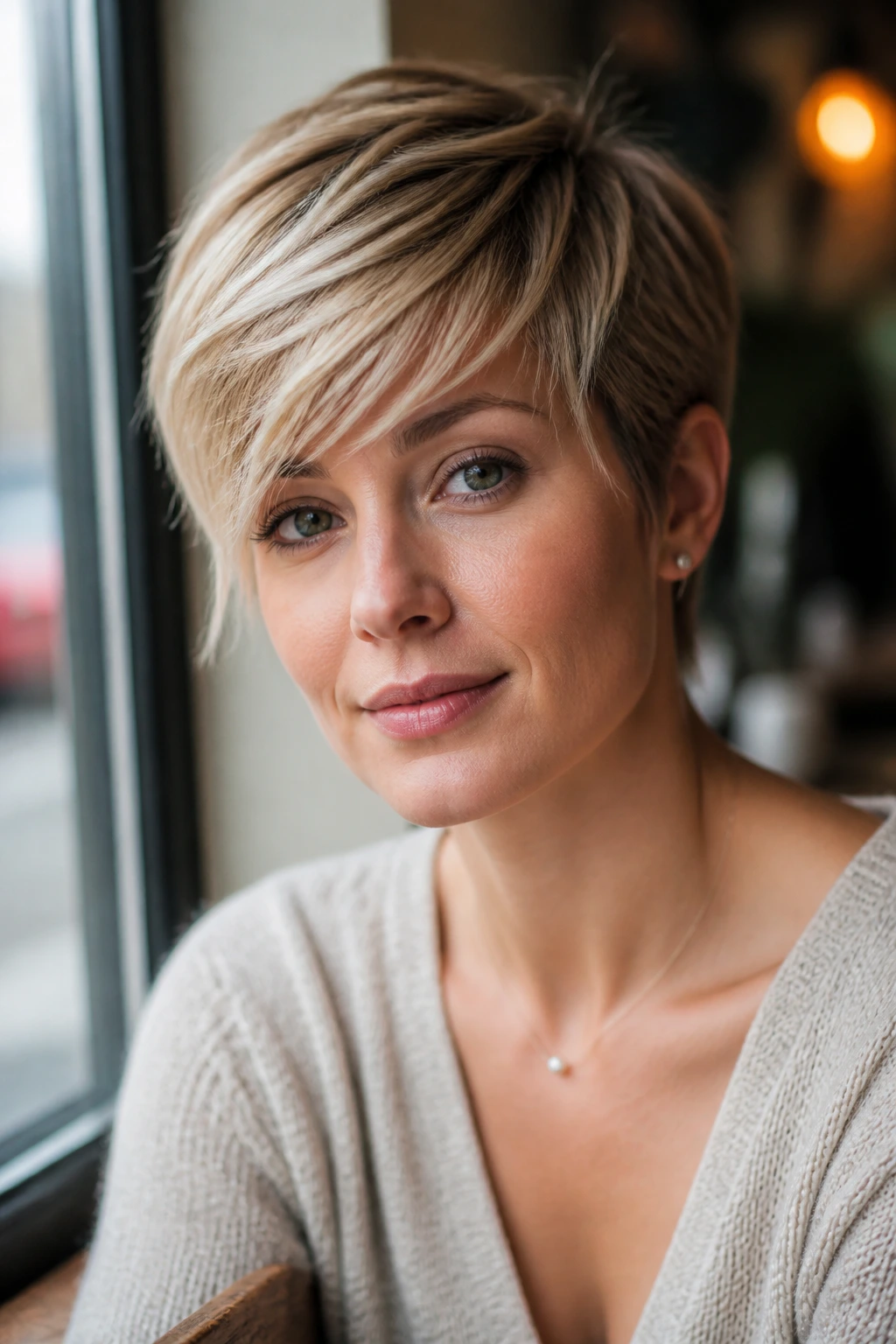 Close-up portrait of a real woman with Wispy Pixie Cut with Side-Swept Bangs in natural cafe daylight