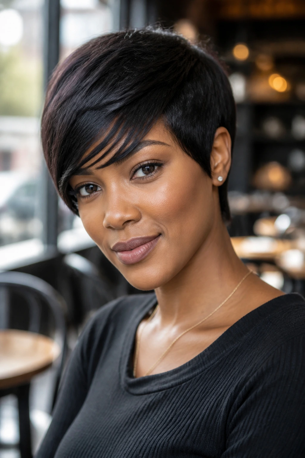 Close-up of a real person with a pixie cut and side-swept bangs in cafe light