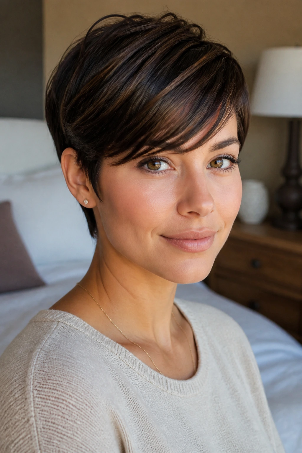 Close-up portrait of a real woman with a pixie cut and side-swept bangs