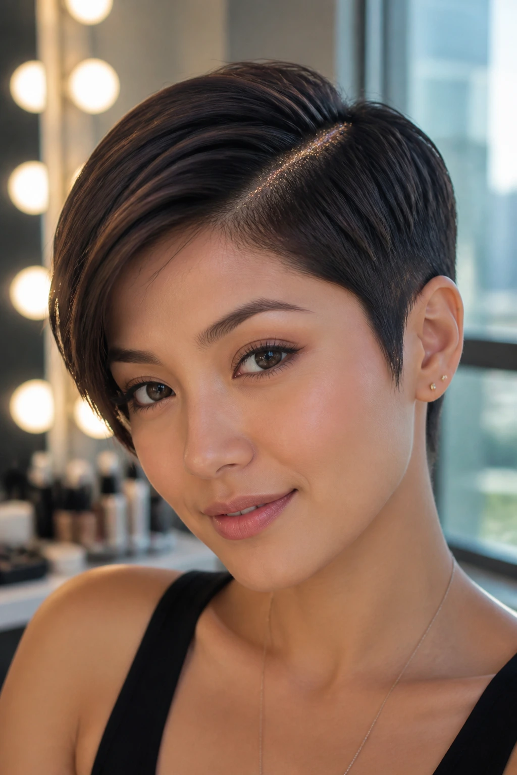 Close-up of a person with a pixie cut and champagne glitter along side part