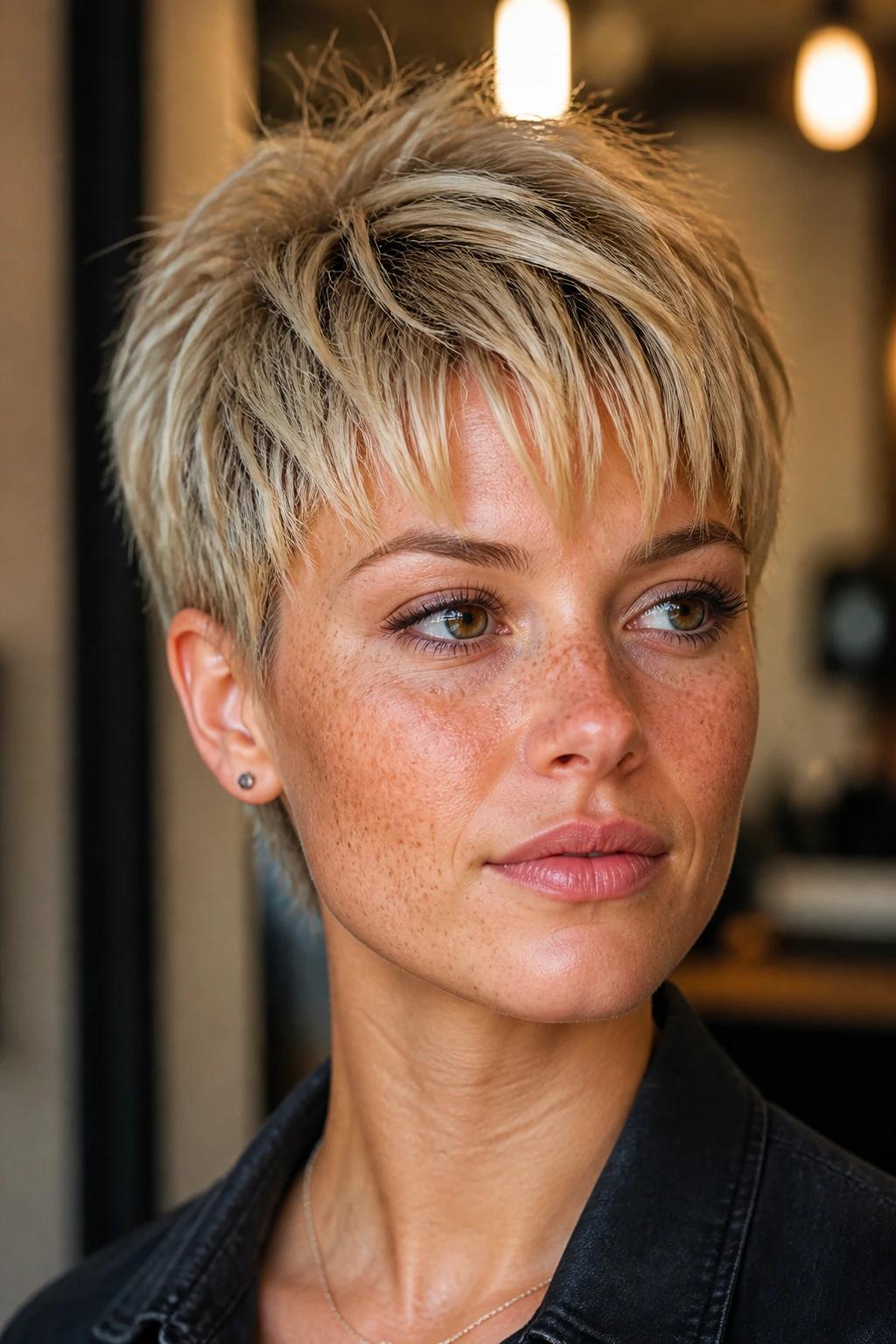 Real-person portrait showing soft textured pixie with choppy bangs