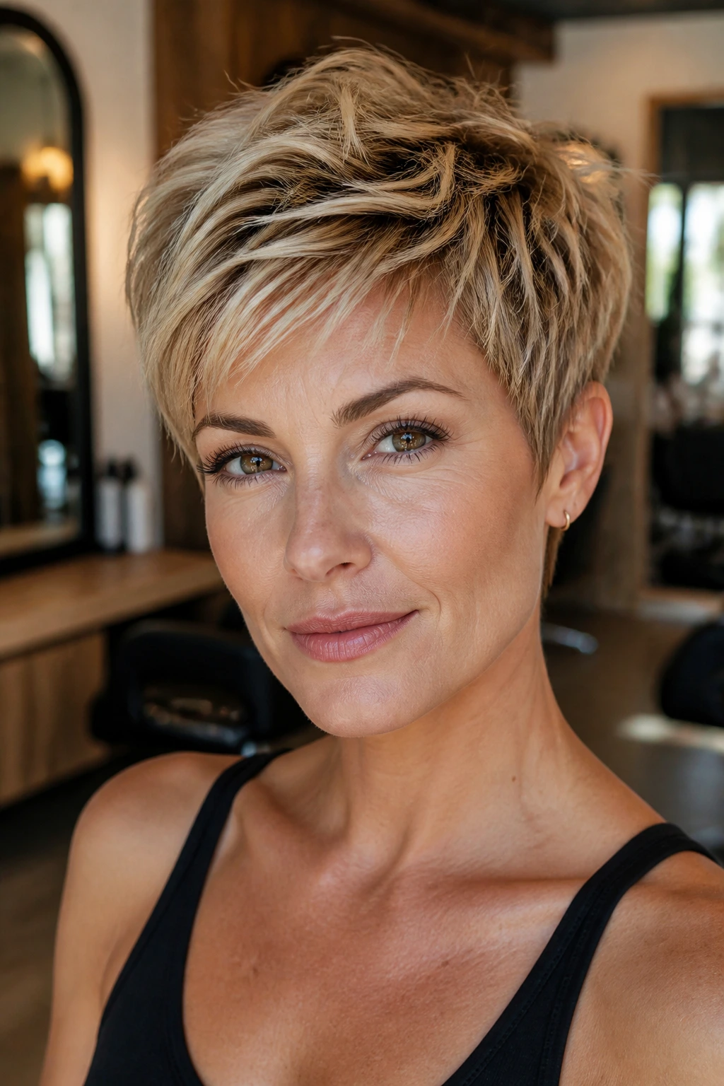Close-up portrait of a woman with a classic pixie cut featuring choppy top layers