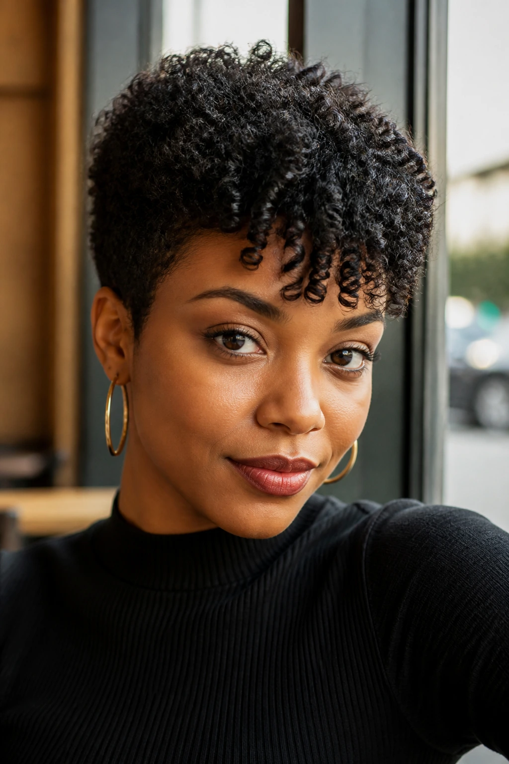Close-up of real person with cropped pixie cut and front curly fringe in sunlit cafe light