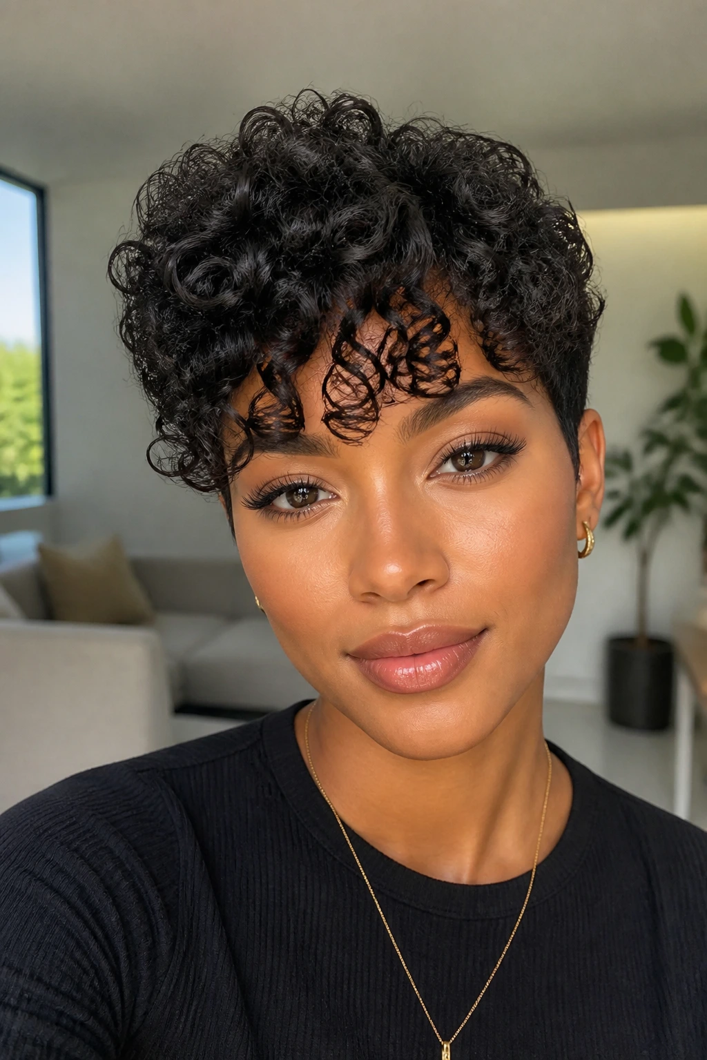 Close-up portrait of a real woman with a short curly pixie fringe