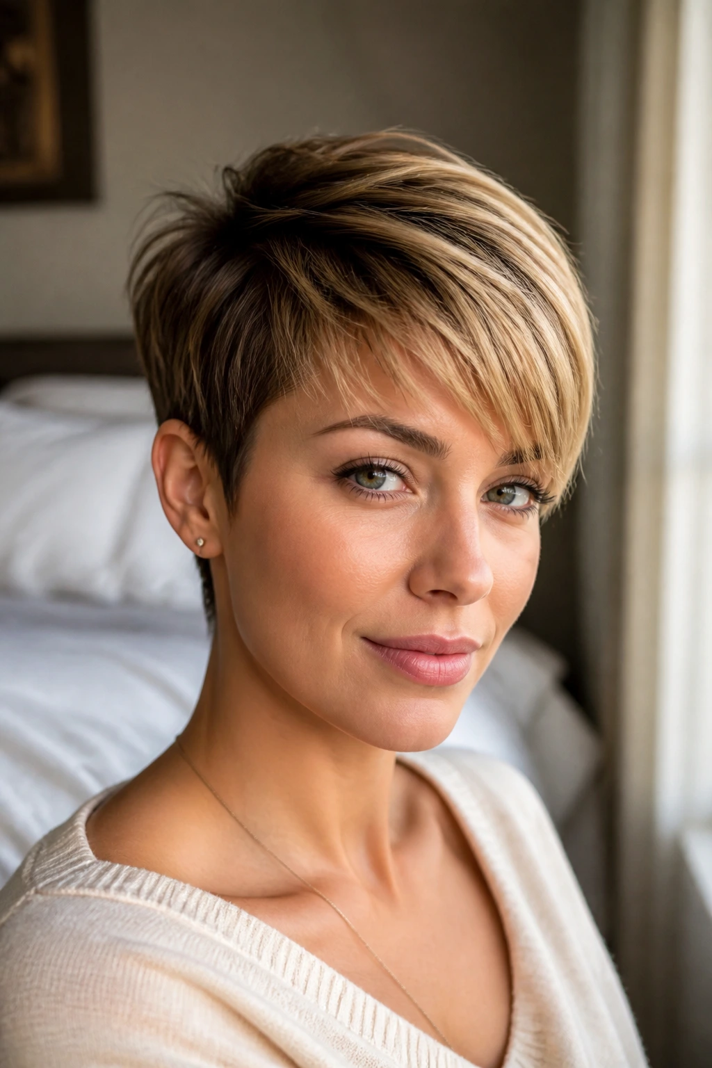 Close-up portrait of a real woman with a precision pixie and feathery side-swept bangs in natural light