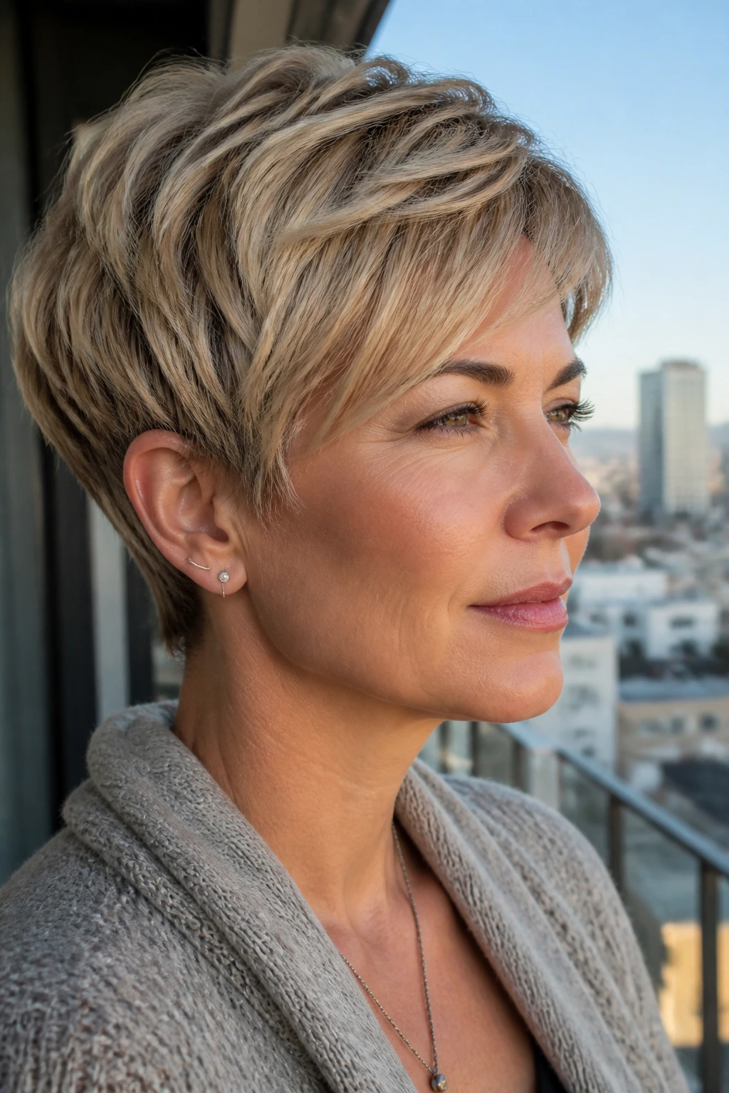 Close-up of a real person with a softly layered pixie cut showing texture and lift.