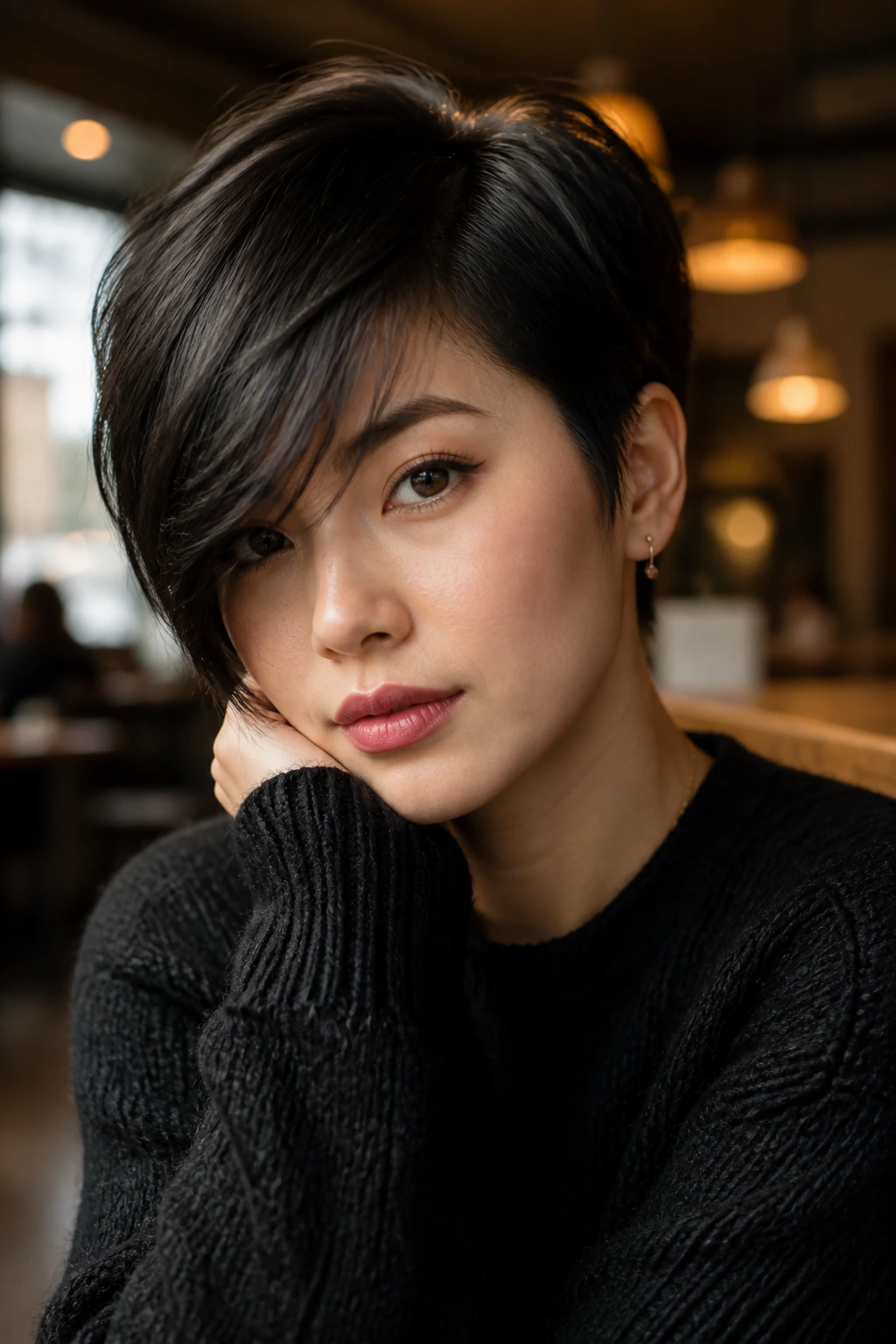 Close-up of a real Asian woman with deep side-parted pixie and long bangs in warm cafe light