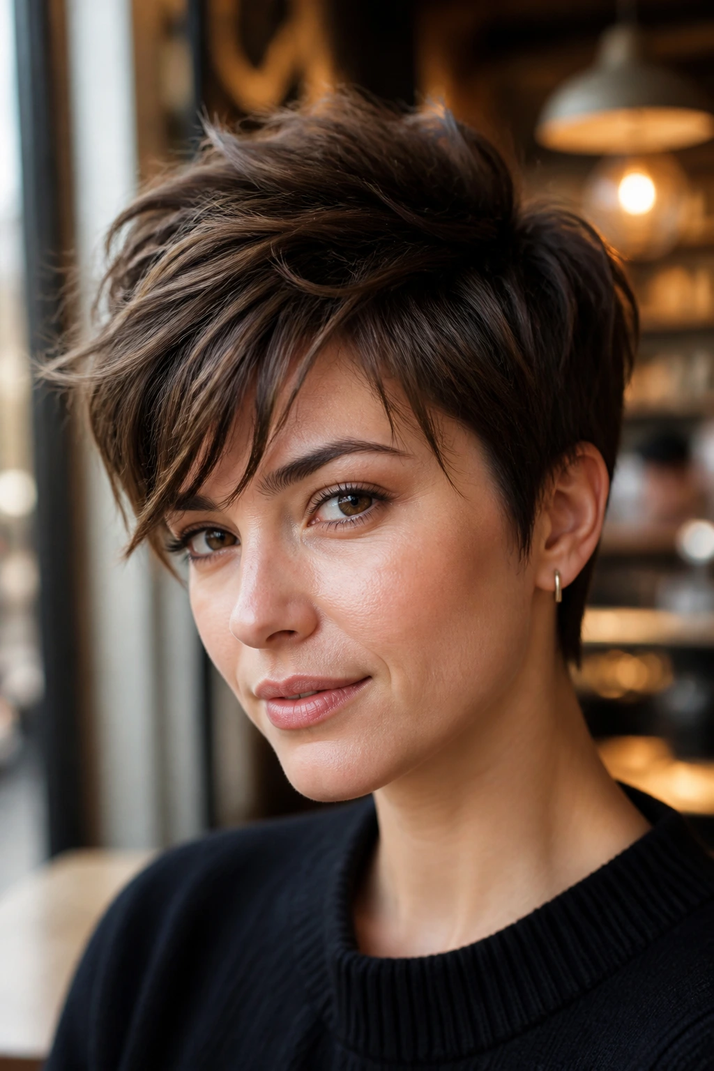 Close-up of a real woman with a shattered pixie hairstyle featuring longer top layers sweeping the forehead.