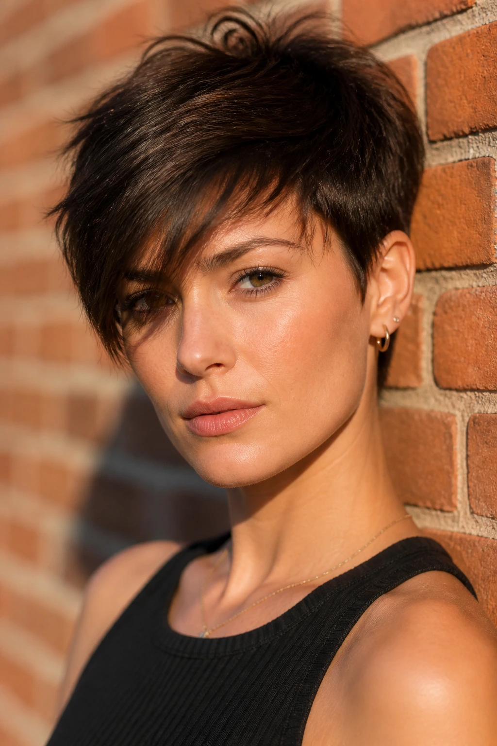 Close-up portrait of a woman with a pixie cut and longer fringe.