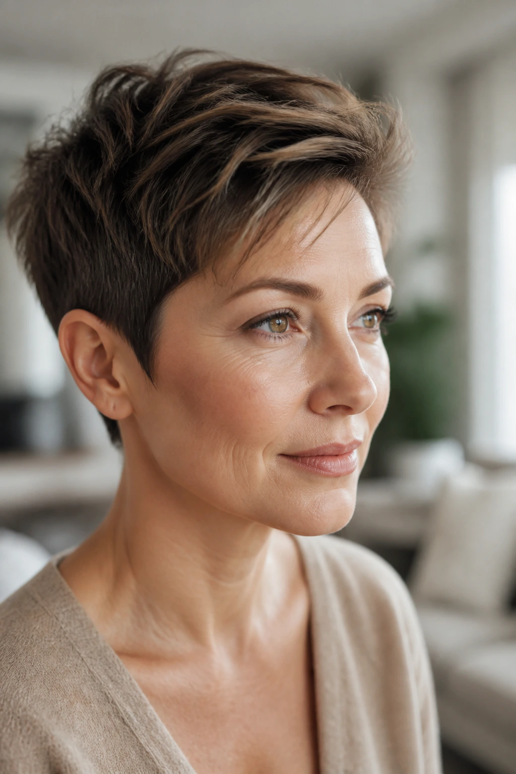 Close-up of a real woman with a pixie cut with a longer top in a bright living room.