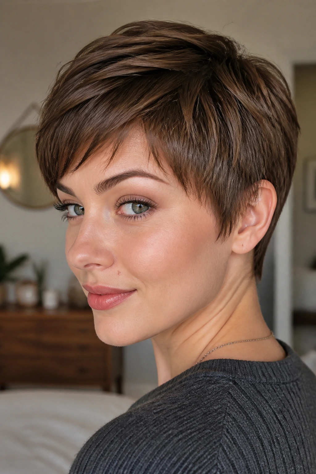 Real person wearing a lightweight pixie-cut wig with mesh cap in daylight