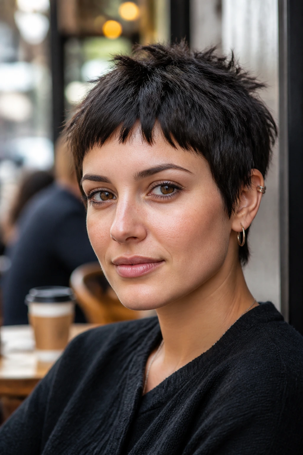 Close-up of a real woman with choppy pixie cut and micro bangs in natural daylight