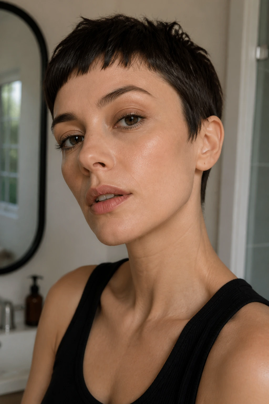 Close-up of a real woman with a micro-fringe pixie hairstyle