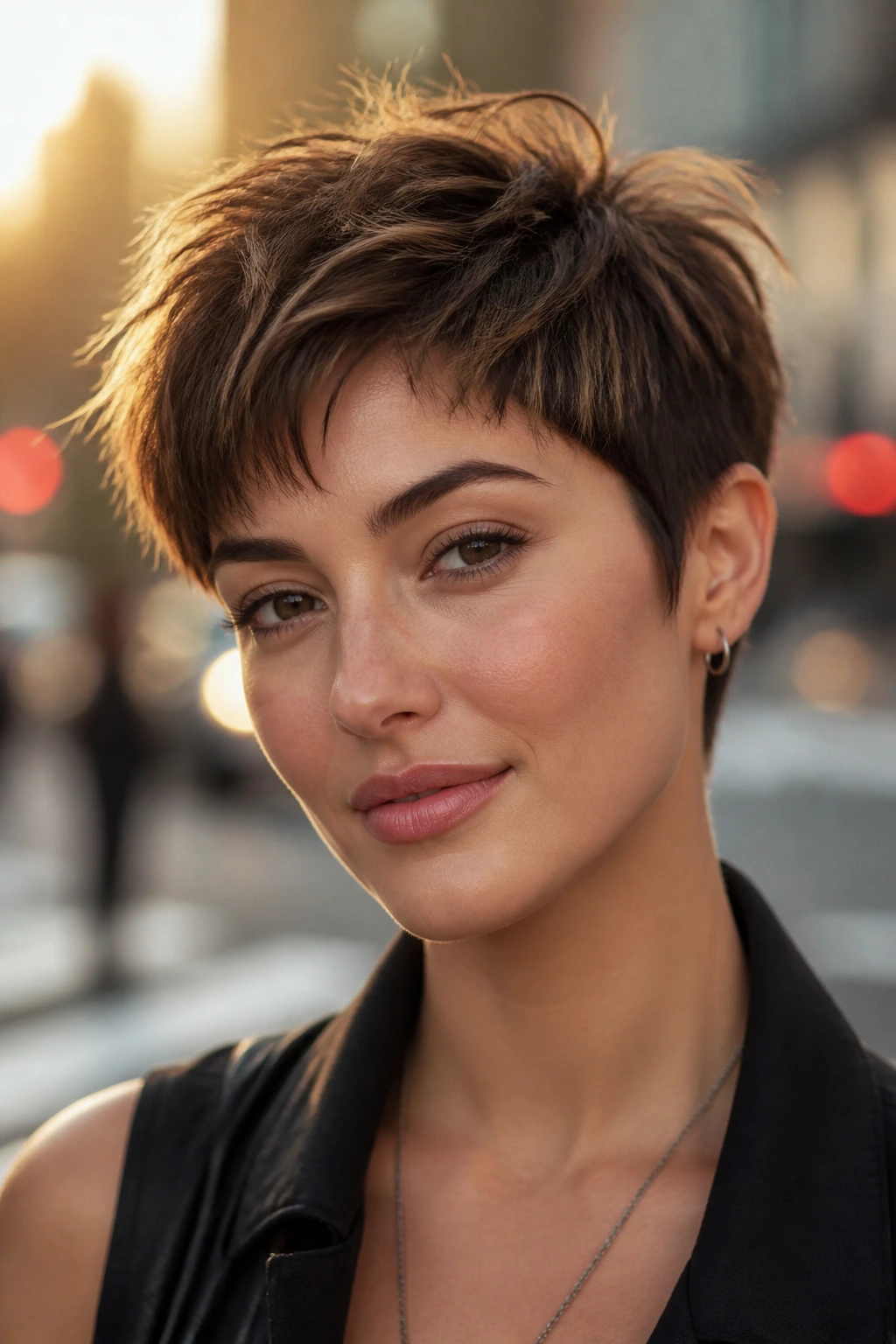 Close-up of a real person with a textured pixie cut and top texture.