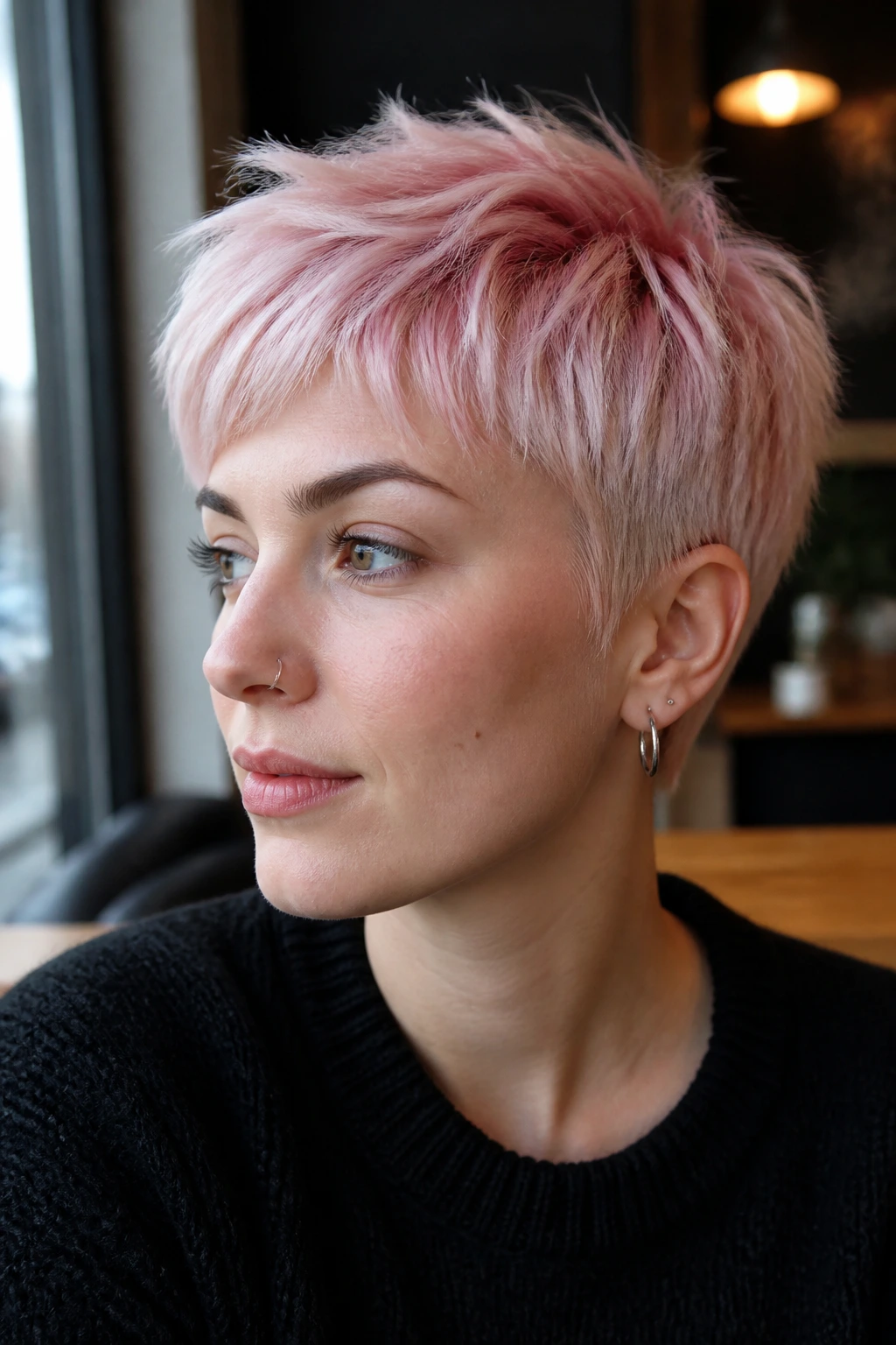 Close-up of a real woman with pixie cut and pastel pink roots in cafe window light