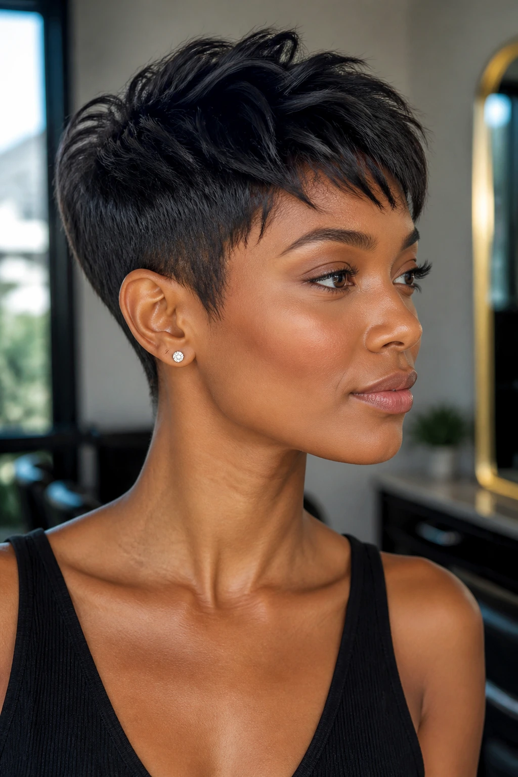 Portrait of a real person with a tapered pixie cut in natural window light.