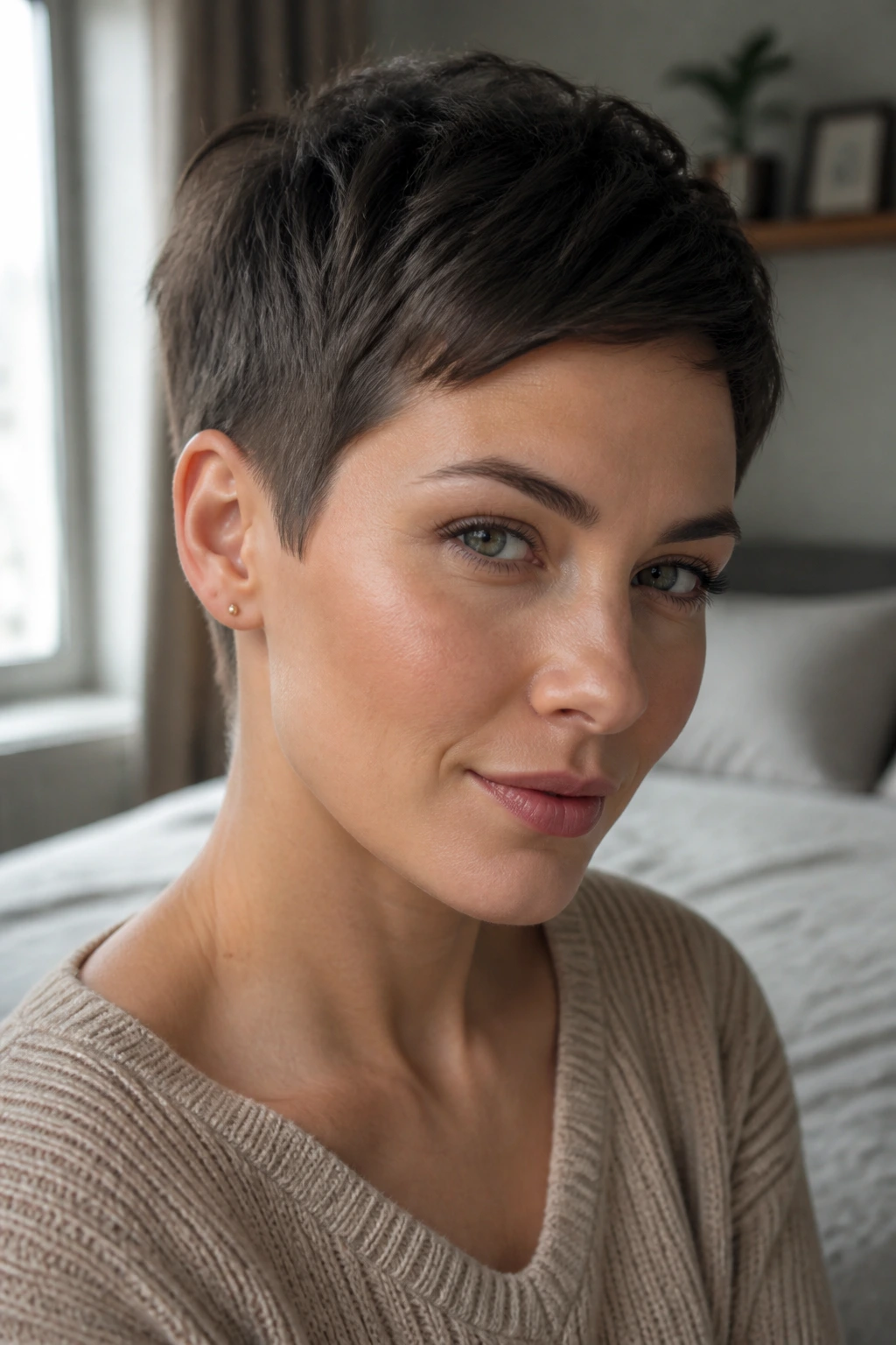 Close-up portrait of a real woman with a classic pixie cut in warm morning light