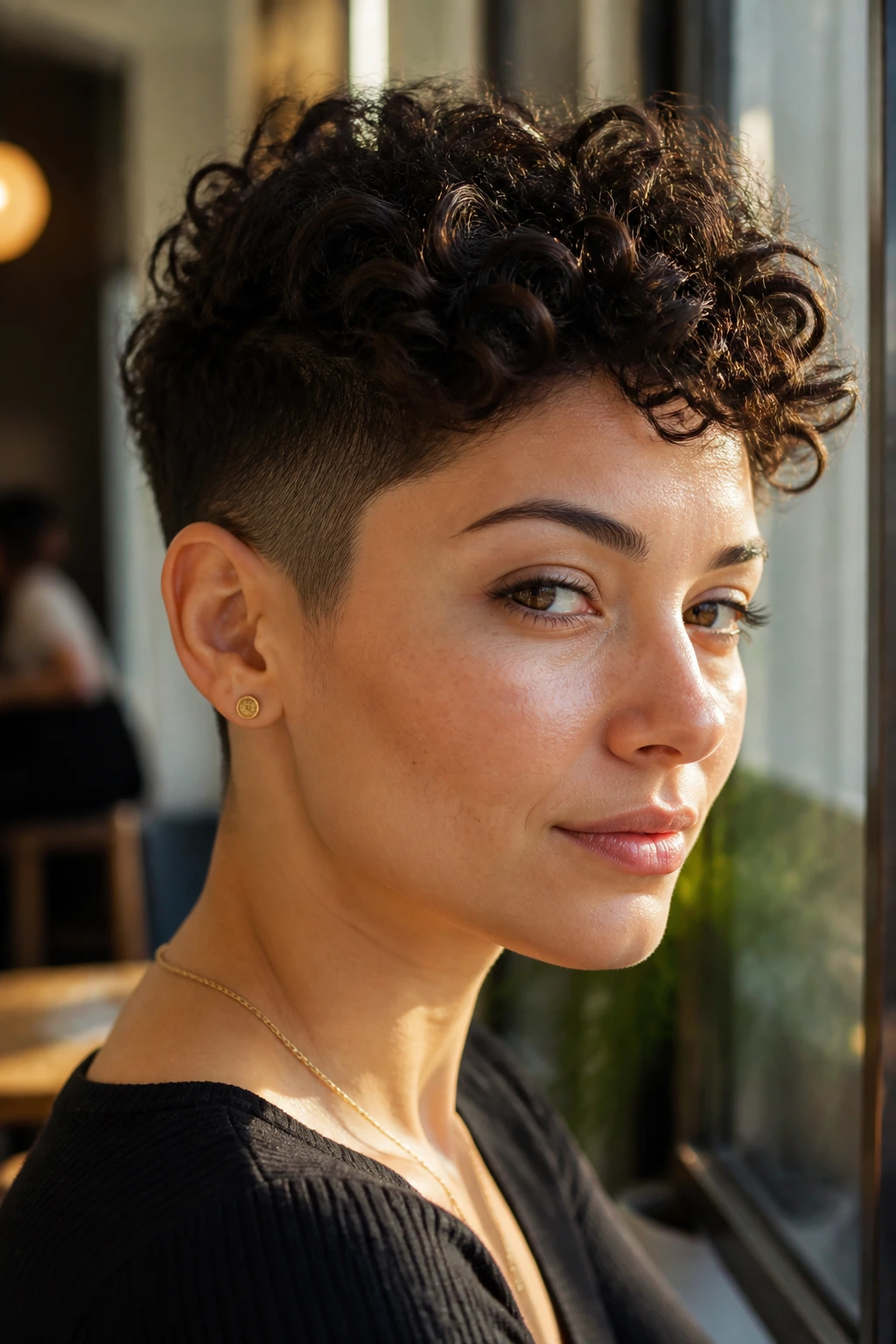 Close-up of a real woman wearing a classic pixie featuring sculpted sides and curly top