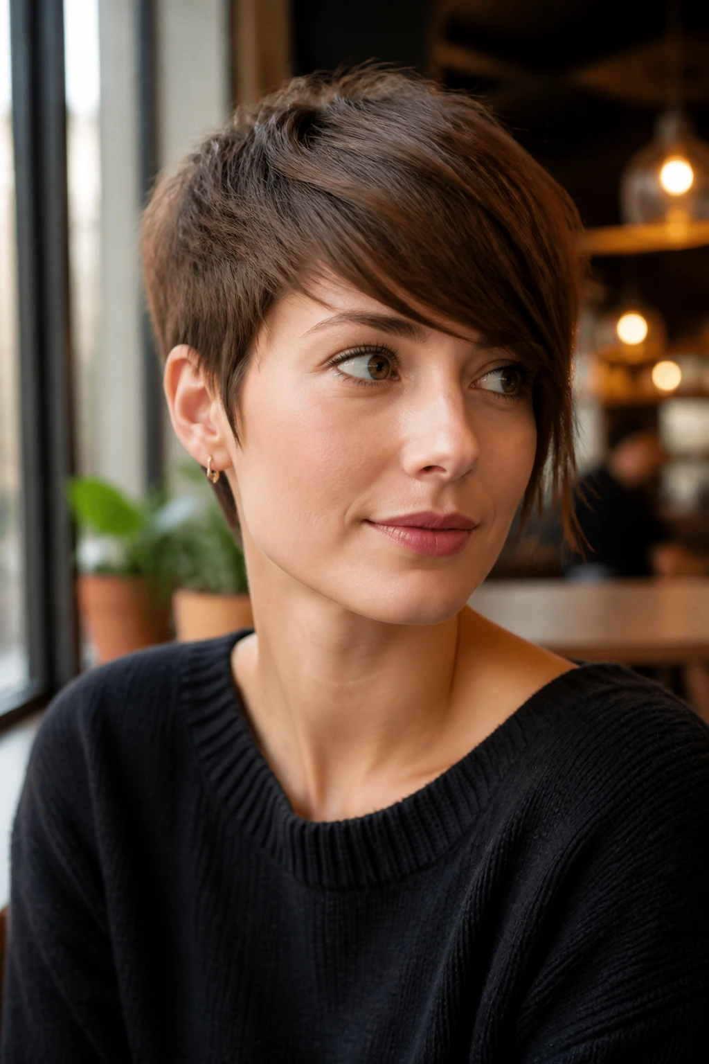 Close-up of a real woman with a pixie cut and side-swept fringe in cafe light
