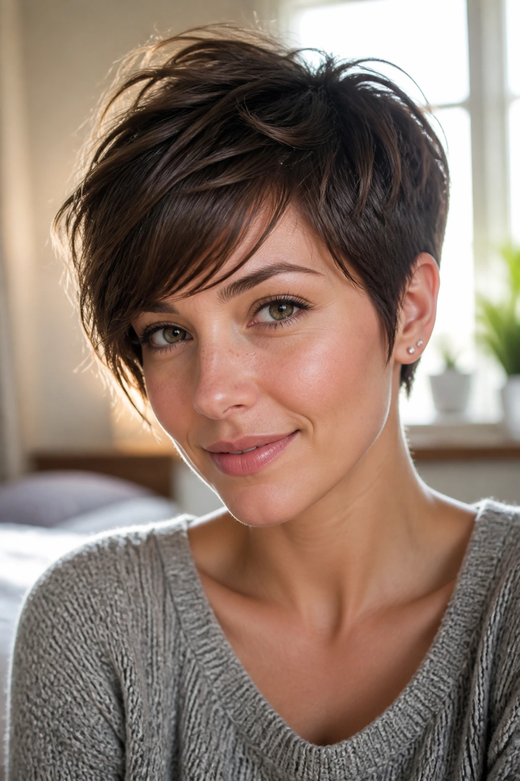 Close-up portrait of a real woman with a piecey pixie and side-swept bangs in warm bedroom light