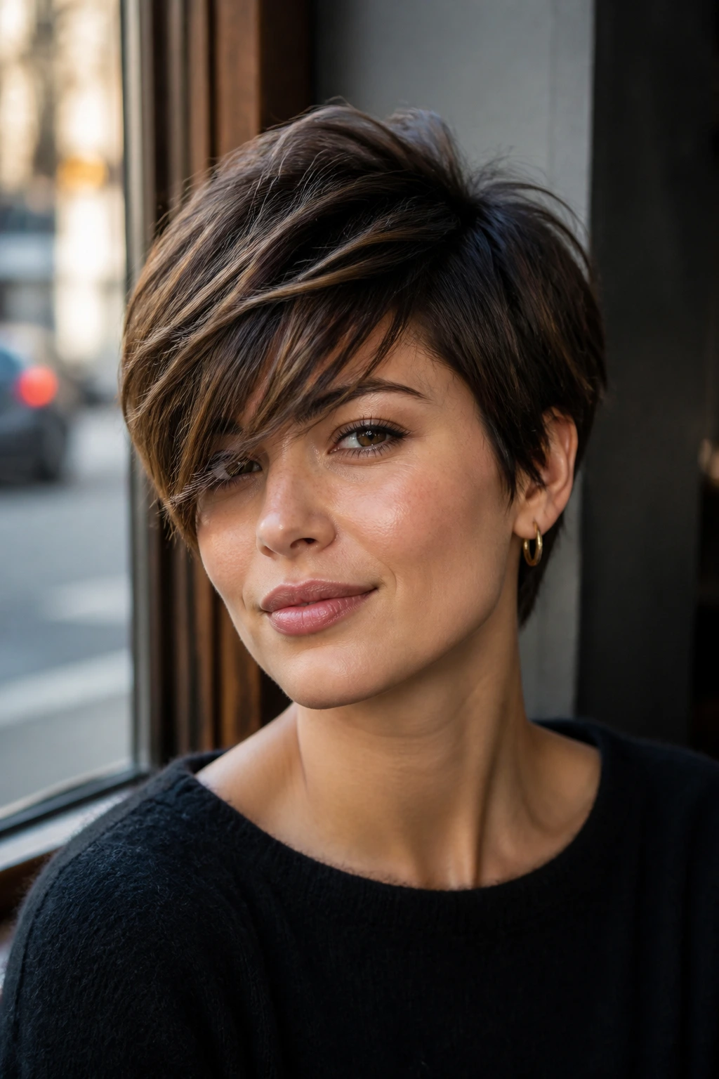 Layered pixie with side-swept fringe on a real person