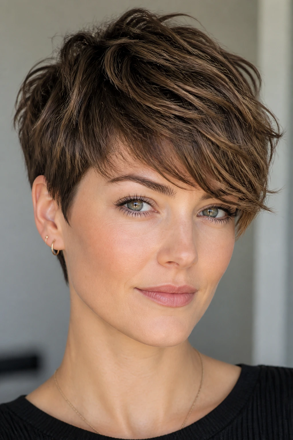 Close-up of a real person with a textured pixie cut and side-swept fringe