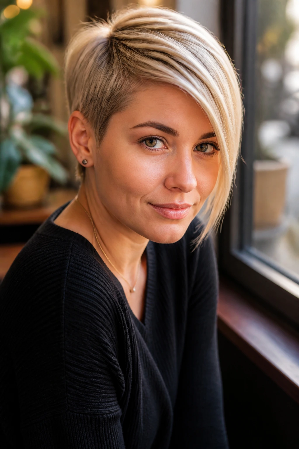 Close-up of a woman with a pixie cut and long architectural side bang.