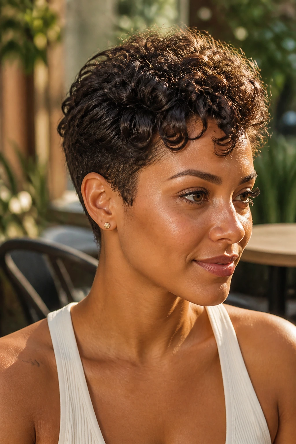 Close-up of real person with tapered curly pixie in sunlight