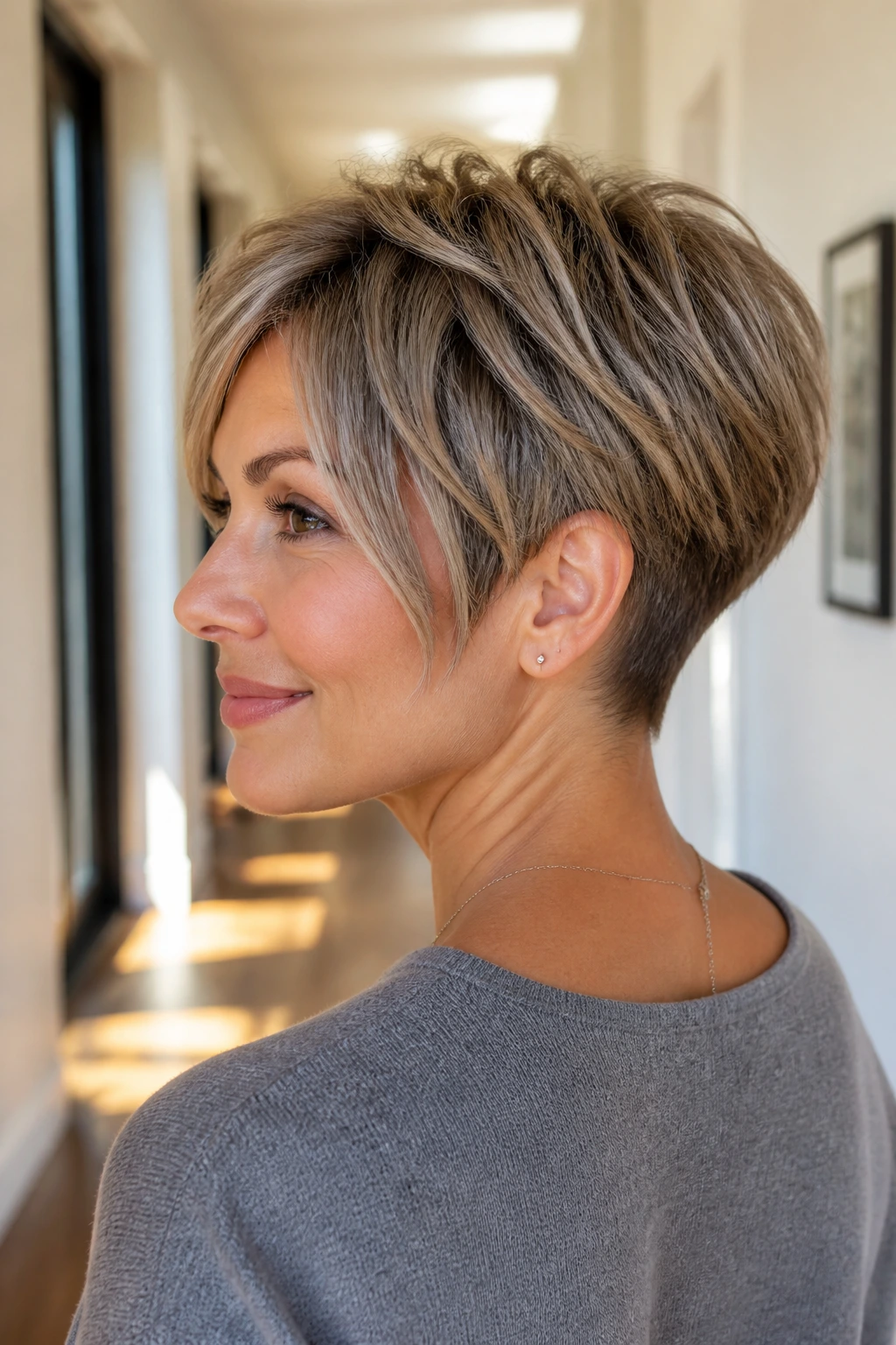 Portrait of a real woman with layered pixie and tapered nape