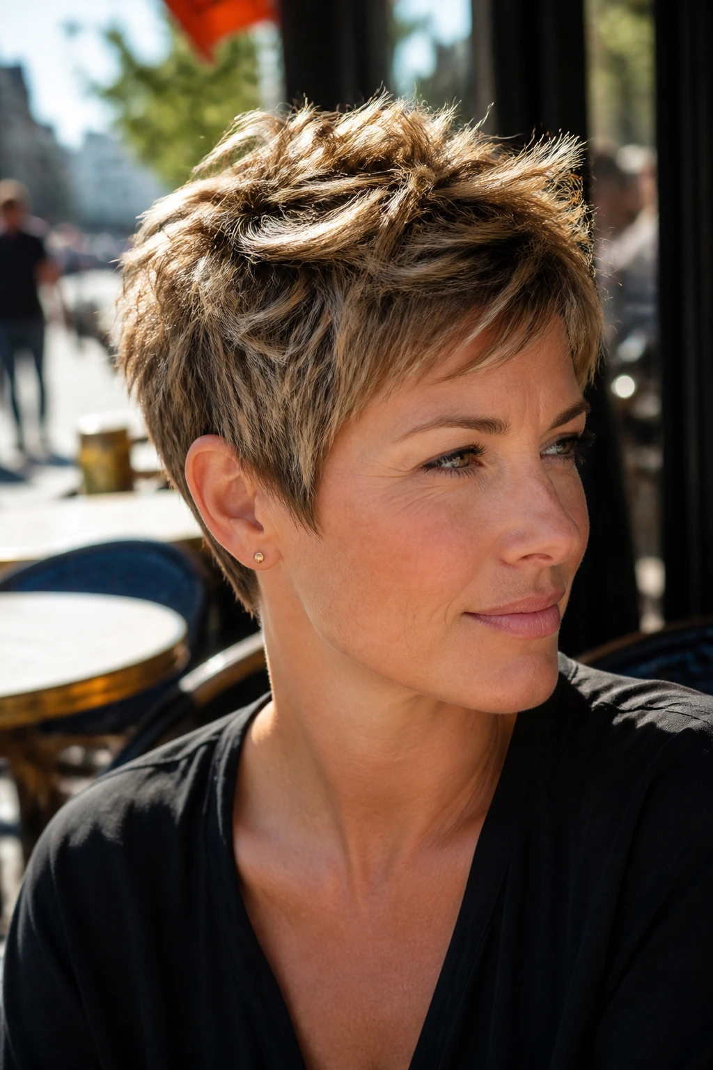 Close-up portrait of a real woman with a textured pixie cut showing lift at the crown.