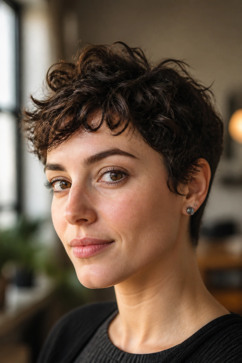 Close-up portrait of a woman with a short textured pixie cut in a cozy indoor setting