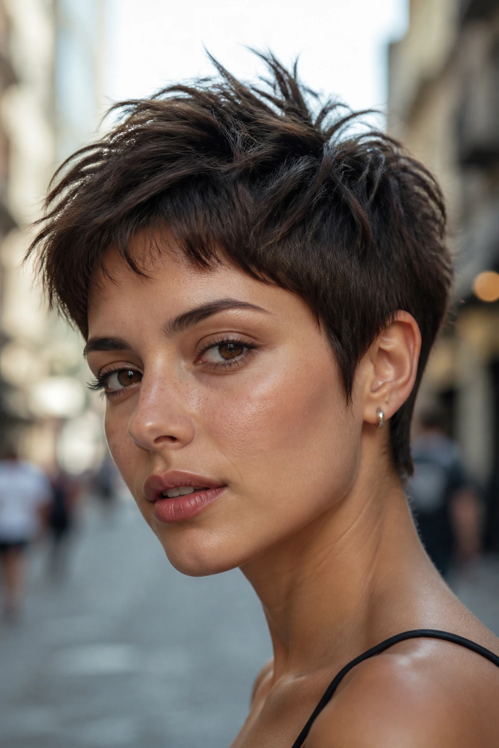 Real person with choppy pixie cut showing textured top