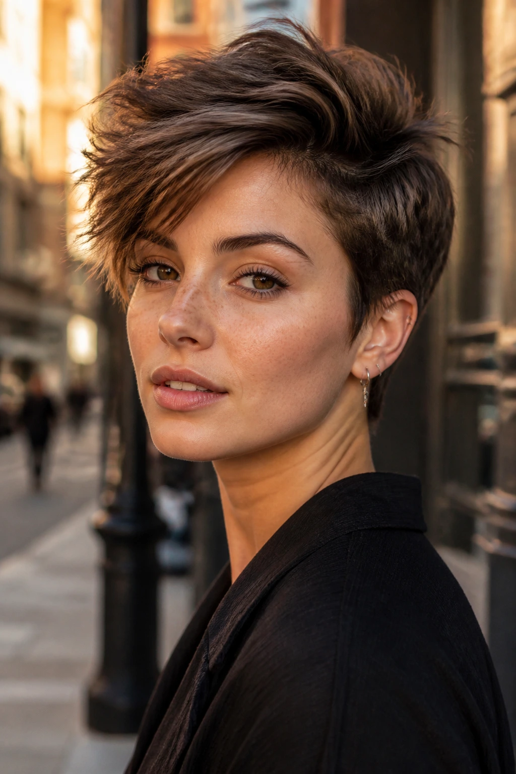 Close-up of a real woman with a messy textured pixie and deep side part