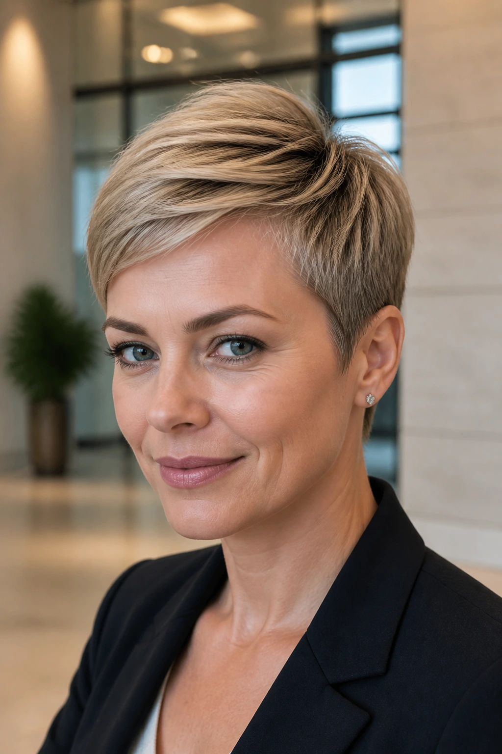 Close-up of a real person with pixie cut and bonded top tracks in an office
