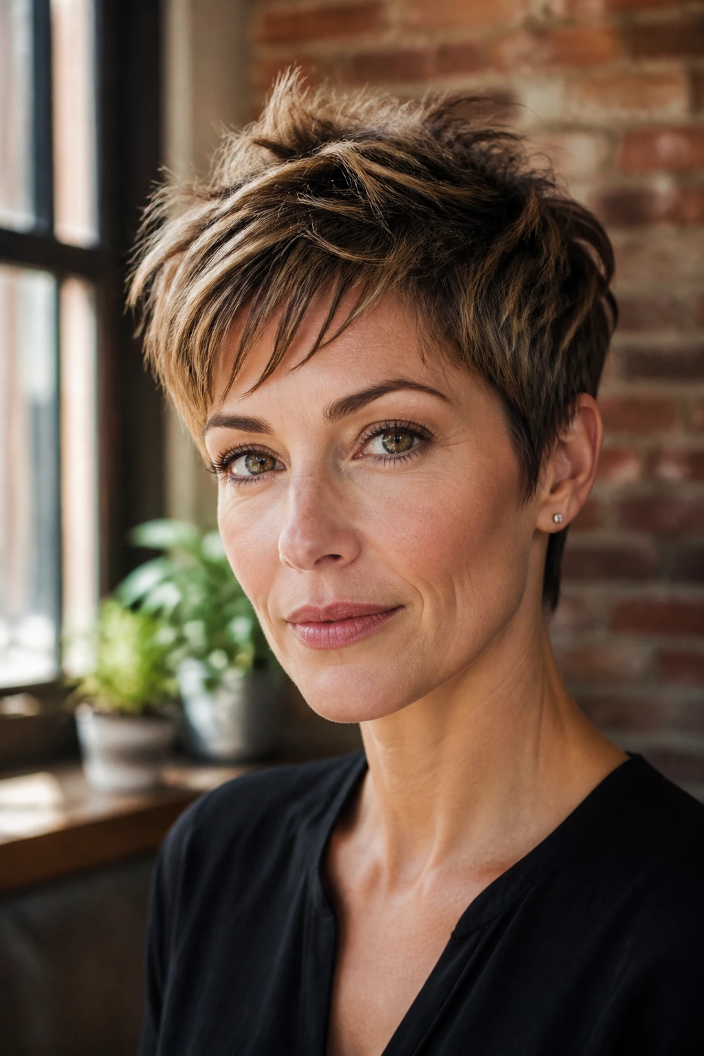 Close-up of a real person with a tousled pixie cut
