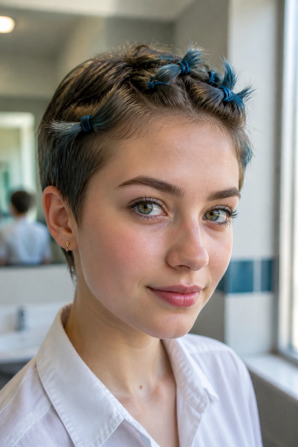 Close-up of a real person with a pixie/short cut featuring twists and blue tips in a school setting.