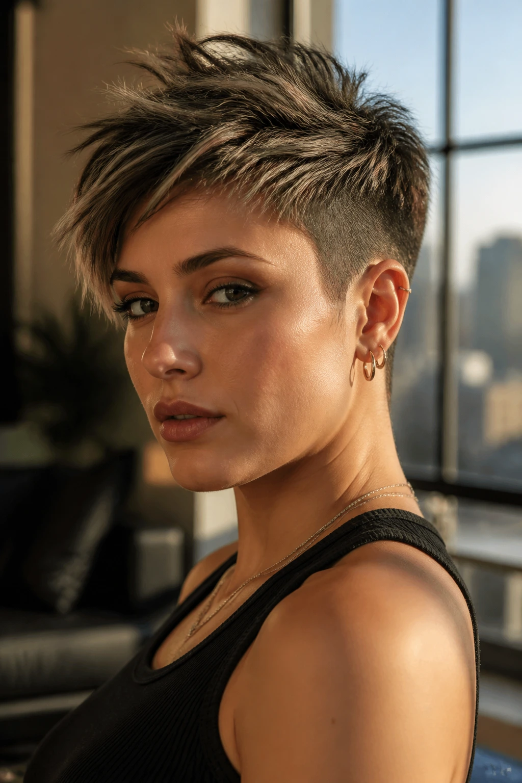 Close-up portrait of a real person with a choppy pixie style and undercut sides, warm window light