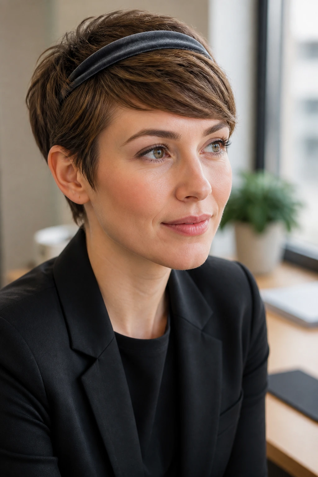Close-up of a real woman with a pixie cut and charcoal velvet headband in an office