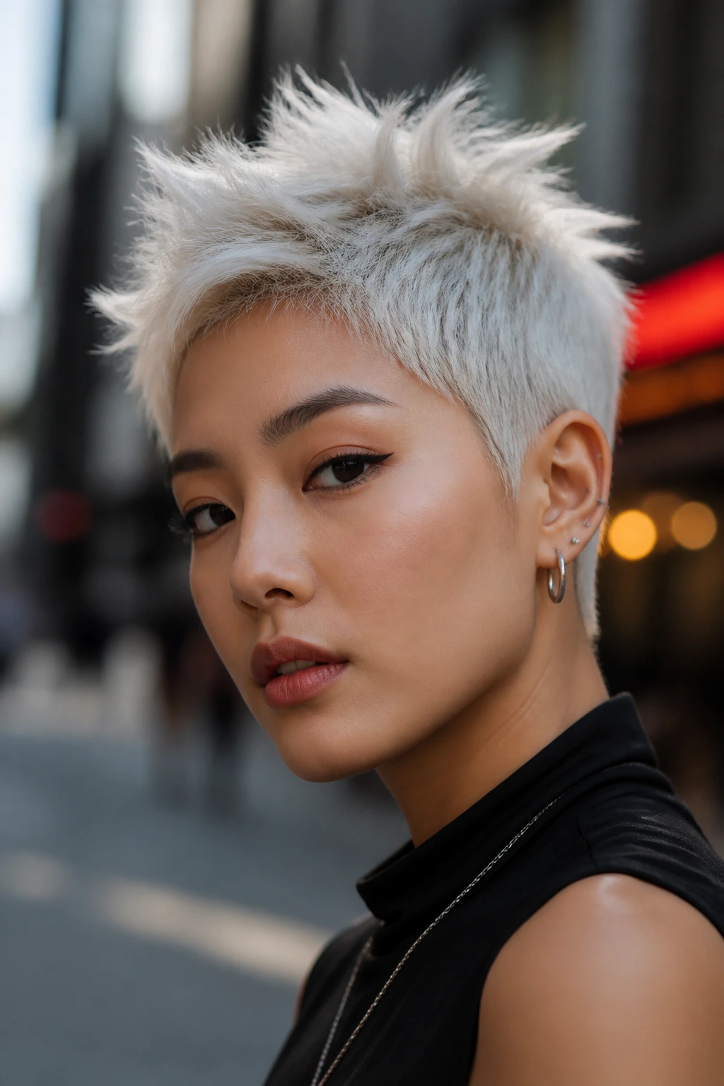Close-up of a real woman with a white pixie cut and spiky texture on a city street