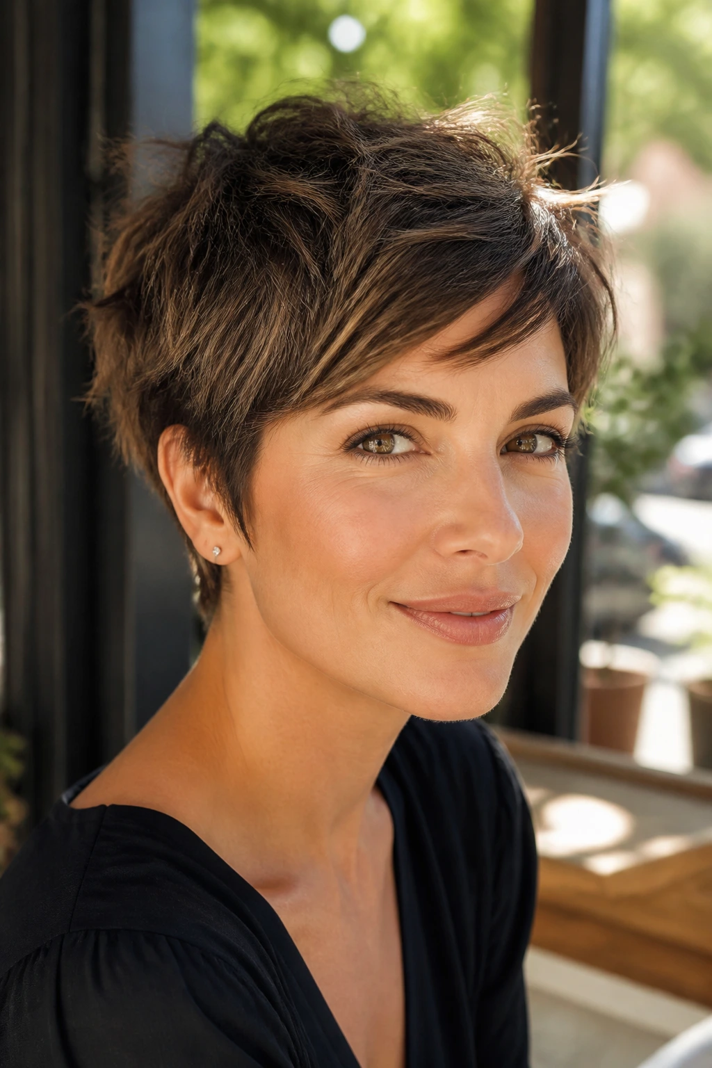 Real woman with tousled pixie cut and wispy layers in natural light.