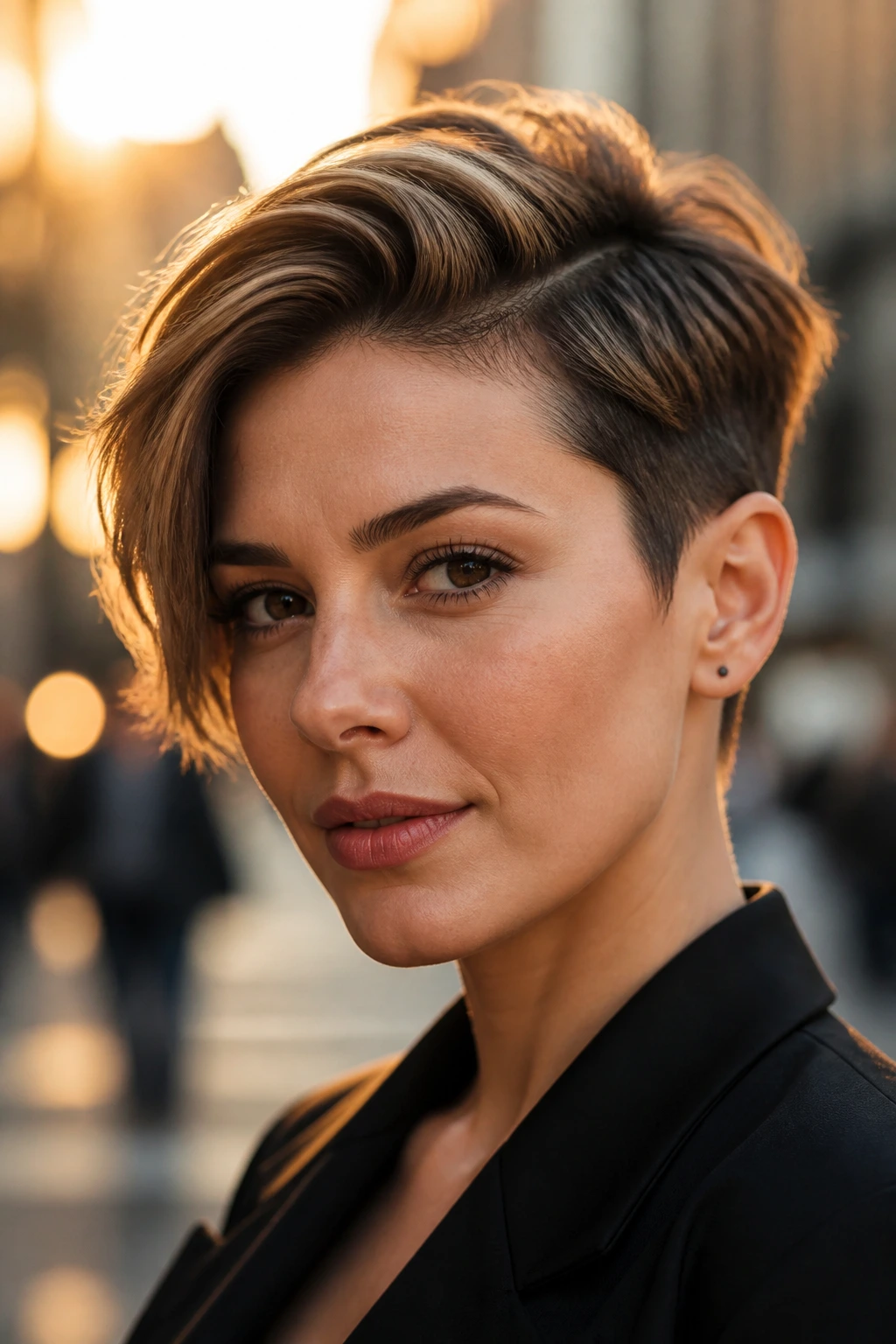 Portrait of a woman with a deep side-part pixie and voluminous top