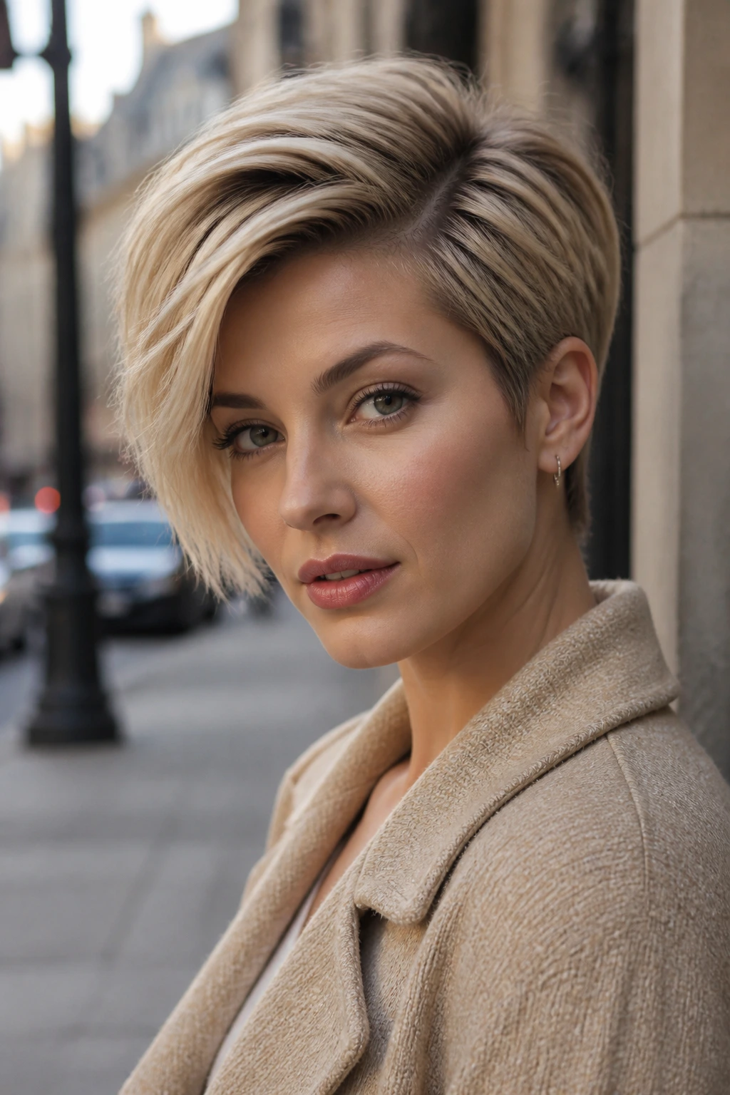 Close-up portrait of a real woman with a deep side-part pixie under morning light