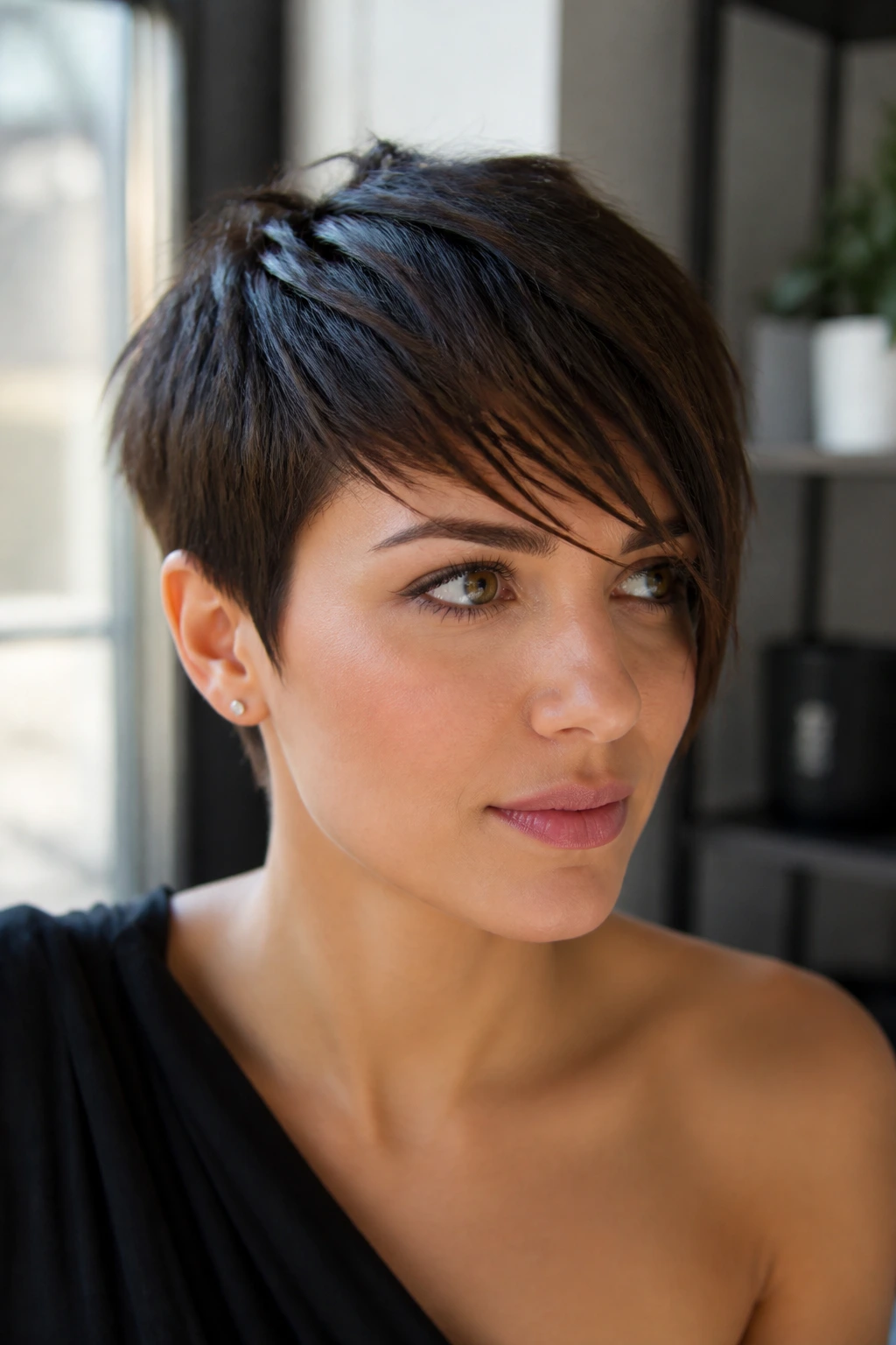 Close-up of a real person with cropped diagonal fringe on a pixie cut