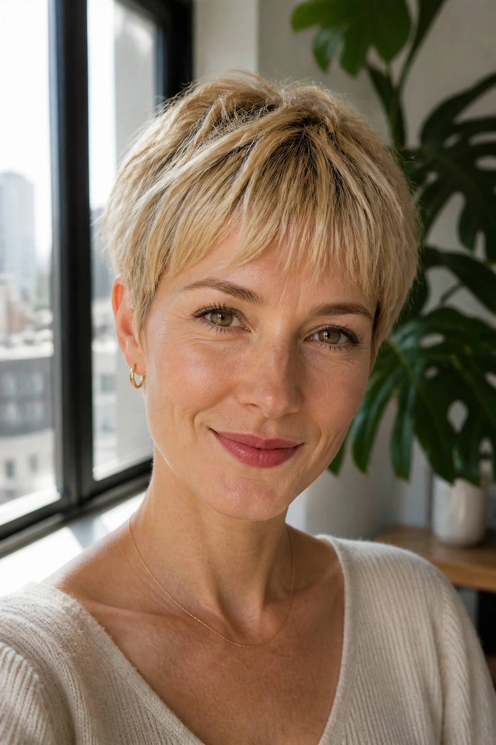 Close-up of a real woman with a pixie cut and lightly layered bangs.
