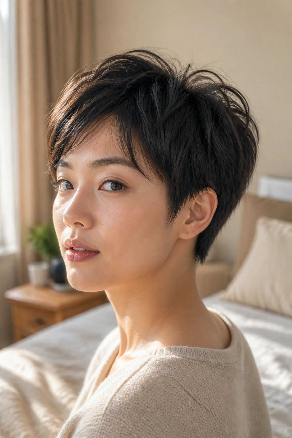 Close-up of real Asian woman with textured pixie grow-out showing tapered nape and lifted crown